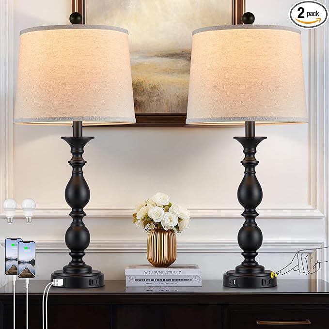 28" Tall Modern Table Lamps Set of 2 with USB C+A Ports and AC Outlet, 3 Way Touch Metal Bedside Lamps for Living Room, Black Farmhouse Nightstand Lamps for Bedroom