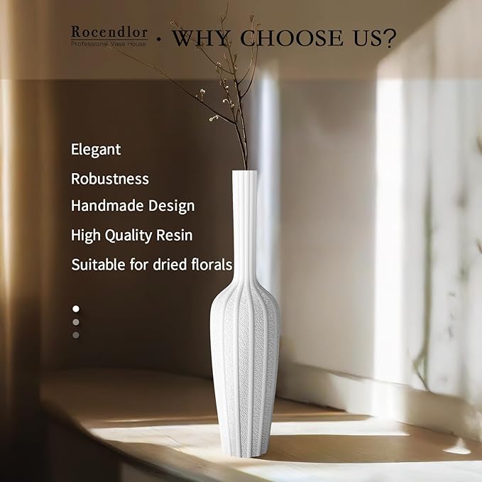 Stylish White Floor Vase - 23.62” Tall - Ideal for Dried Flowers & Home Decor Resin Tall Floor Vase
