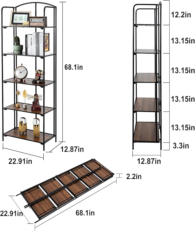 Crofy No Assembly Folding Bookshelf for Living Room, 5 Tier Black Collapsible Book Shelf for Home Office, Portable Bookcase Storage Organizer
