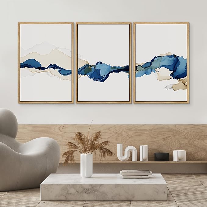 SIGNWIN 3 Piece Framed Canvas Wall Art Blue and Brown Watercolor Nature Wilderness Illustrations Abstract Traditional Relax/Calm Home Artwork Decoration for Living Room,Bedroom - 16"x24"x3 Natural