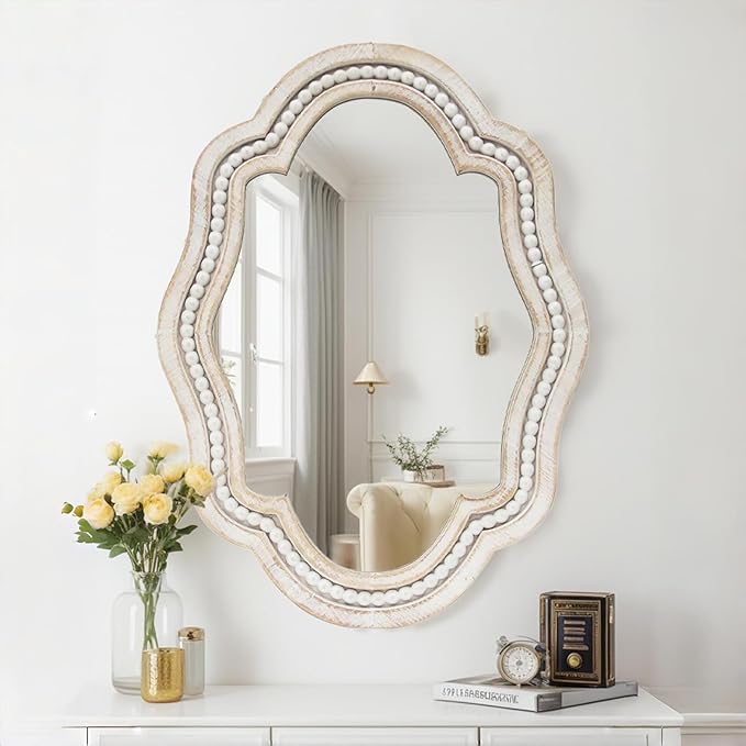 Decorative Bathroom Mirror with Elegant Scalloped Design, Stylish Wall Mirror, White Trim Wood Beaded Accent, Vintage Mirror for Bathroom, Entryway, or Bedroom
