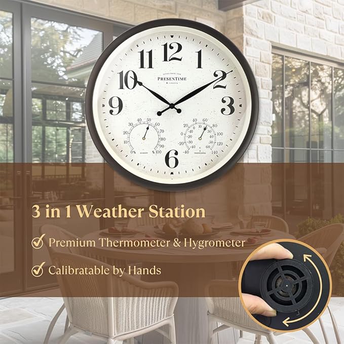 Presentime & Co 16" Farmhouse in/Outdoor Clock, Wall Clock & Weather Station, Weather Thermometer, Wall Décor and Timepiece for Farmhouse Decoration, Oil Rubbed Bronze Finish