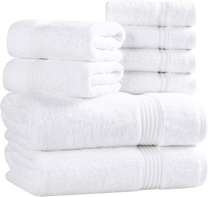 Superior Egyptian Cotton 8-Piece Towel Set, Assorted Towels for Home Bathroom, Guest Bath Decor Essentials, Includes 2 Bath, 4 Hand, 2 Face Towels/Washcloths, Quick Dry, Absorbent, White