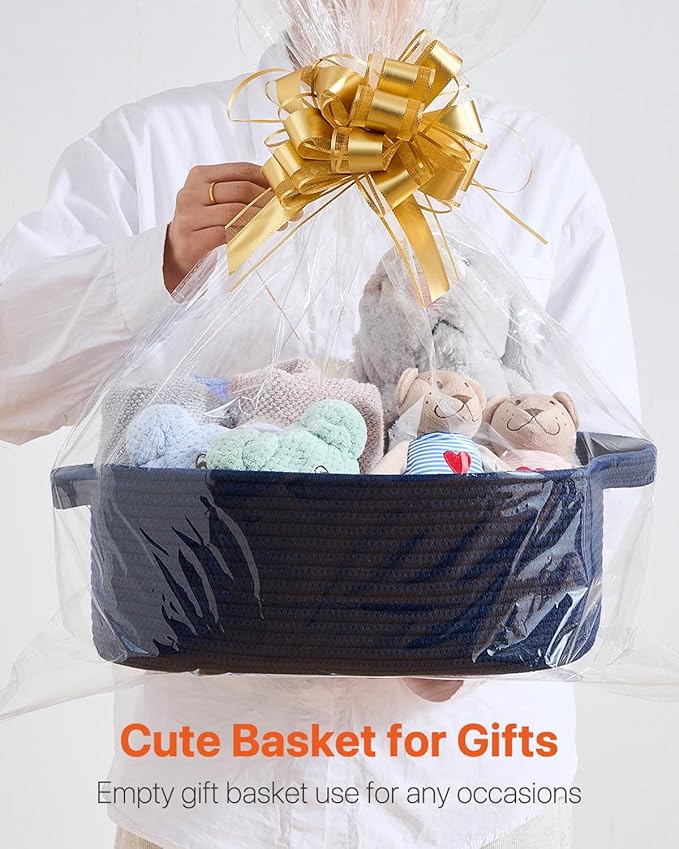 KALLAX Small Woven Basket, 14 x 10 x 5.6 Inches, Small Storage Baskets for Organizing, Gift Baskets Empty, Cute Rope Shelf Closet Storage Bins for Shelves, Dog Toy Basket, Navy Blue