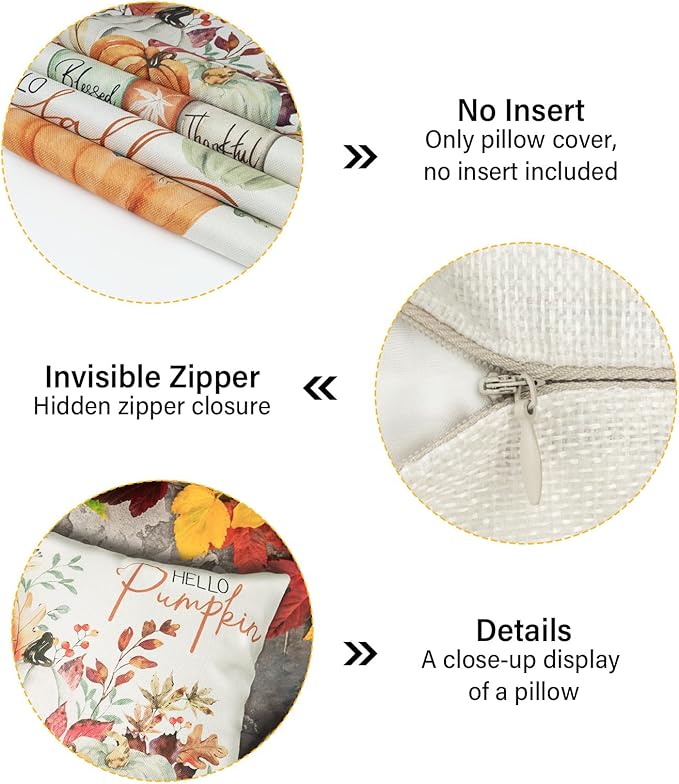 Hello Fall Pumpkin Pillows Decorative Throw Pillows Covers, 18x18 Inch Autumn Thankful Blessed Maple Leaf Harvest Floral Decorations for Sofa Couch Living Room Set of 4