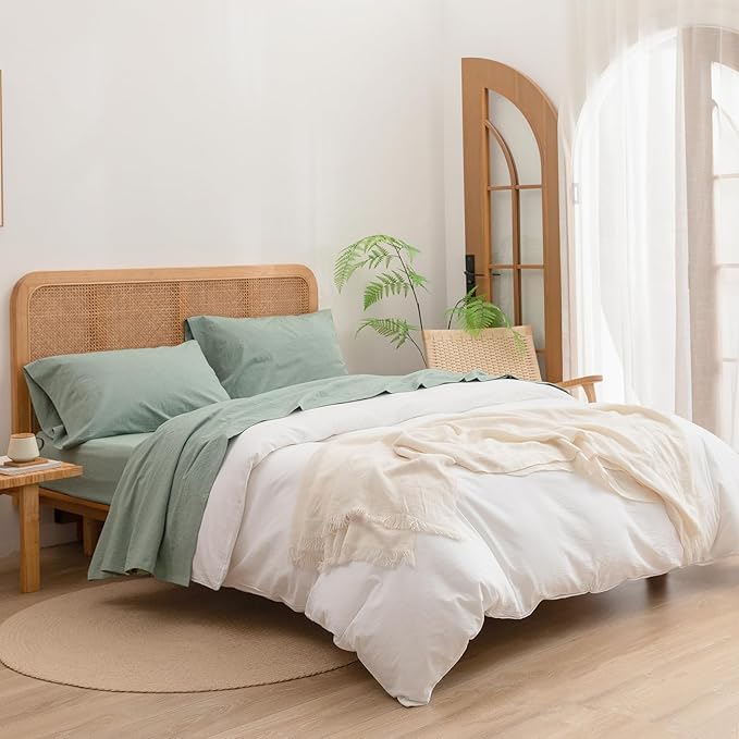 BESTOUCH Sheet Set 100% Washed Cotton Linen Feel Super Soft Comfortable Chic Lightweight 4 Pcs Home Bedding Set Solid Green Queen