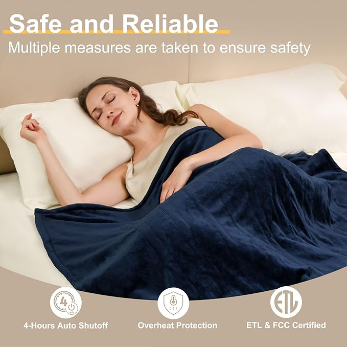 Gintao Electric Heated Blanket Throw,Double Flannel Electric Throw with 3 Heating Levels,ETL&FCC Certified, 4H Auto Off Overheat Protection,Heating Blanket for Home Office,Gifts,50"x60",Blue