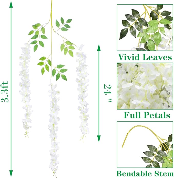 24 Pack Artificial Fake Wisteria Vine Ratta (3.75 Feet) Hanging Garland Silk Flowers String Home Party Wedding Decor (White)