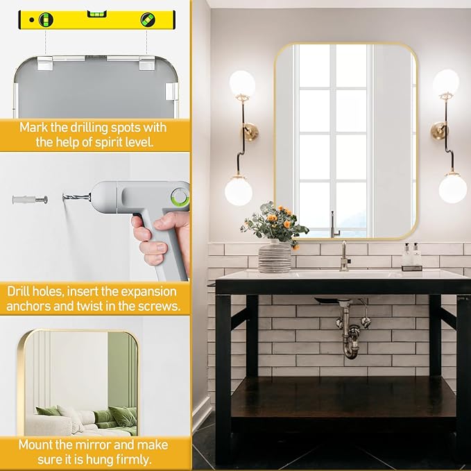 FARMER 20x28 Inch Gold Bathroom Mirrors for Wall, Framed Bathroom Vanity Mirror with Rounded Edge, Brushed Rectangle Mirrors for Bathroom for Washroom, Living Rooms, Hangs Horizontally or Vertically