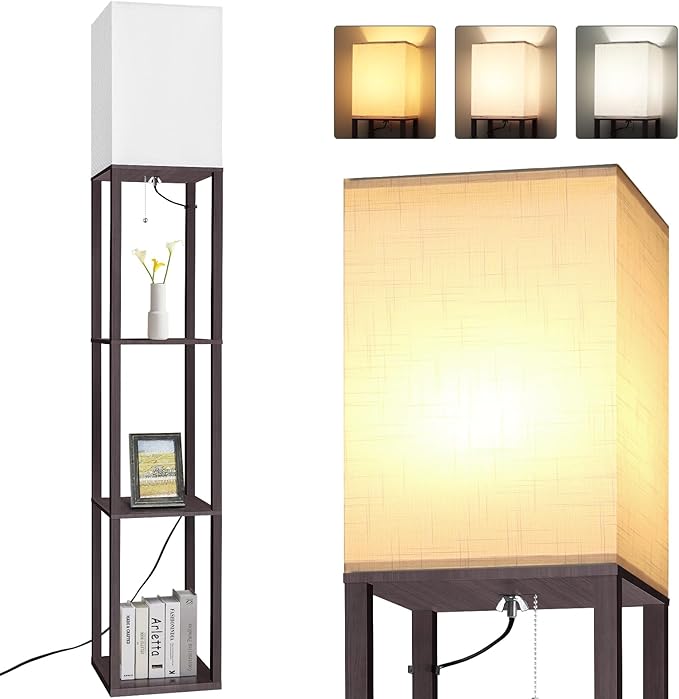 Dott Arts Floor Lamp with Shelves, Floor Lamps for Living Room Decor Display Shelf Lamps with 3 Color LED Bulb, Modern Floor Lamp for Bedroom Standing Lamp for Living Room Office,Home Decor（Walnut）