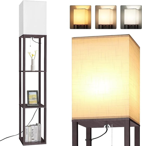 Dott Arts Floor Lamp with Shelves, Floor Lamps for Living Room Decor Display Shelf Lamps with 3 Color LED Bulb, Modern Floor Lamp for Bedroom Standing Lamp for Living Room Office,Home Decor（Walnut）