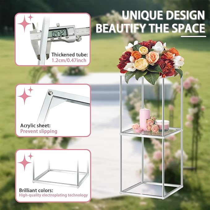 2-Tier Metal Flower Stand Set with Acrylic Shelves, Geometric Display Rack for Wedding Centerpieces, Party Decor, Tall Floor Vase Stand (Silver, 2 Pcs-25)