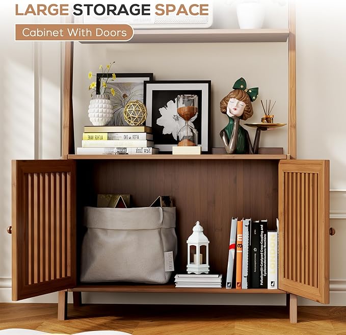 Bookcase with Drawers, 4-Tier Bamboo Bookshelf Ladder Shelf with 6 Hooks, Tall Narrow Retro Book Shelf, 24.8"L x 10.6"W x 59.5"H, Standing Storage Organizer for Living Room, Office, Bedroom, Walnut