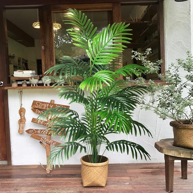 4ft 2pcs Large Artificial Plants Fake Palm Tree Tropical Palm Leaves Faux Palm Plants Tall Tree Indoor Real Touch Plastic Monstera Leaves for Home Garden Outdoor Office Decor (4ft/125cm-2pcs)
