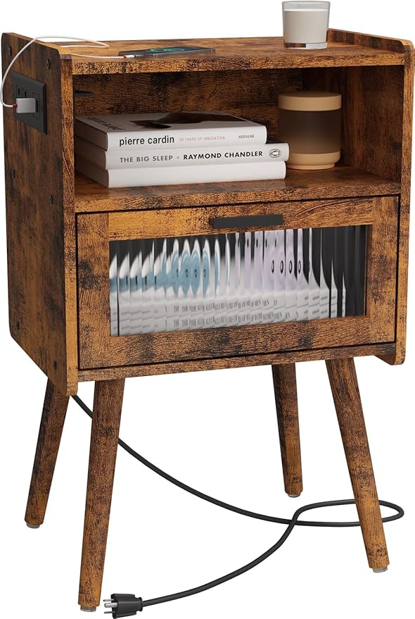 SOOWERY Mid Century Modern Nightstand with Charging Station, Bedside Tables with Acrylic Drawer, End Table Side Table with 2 Tiers Storage Space, for Bedroom, Living Room, Brown