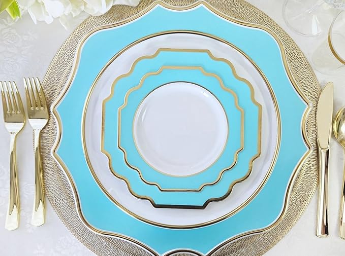 " OCCASIONS " 80 Plates Pack,(40 Guests) Heavyweight Premium Wedding Party Disposable Plastic Plates Set -40 x 10.5'' Dinner + 40 x 8'' Salad/Dessert (Imperial Aqua & Silver)
