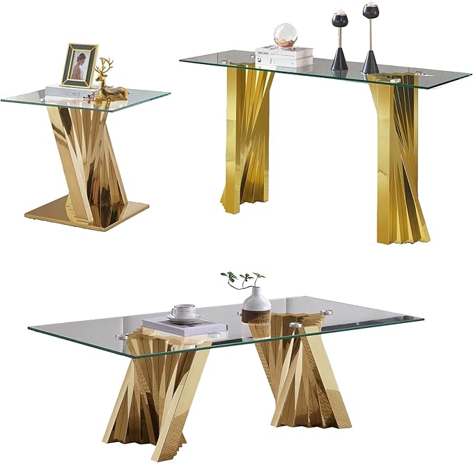 3-Piece Glass Table Set: Modern Coffee & Console Table with Stainless Steel Frames - Living Room Set