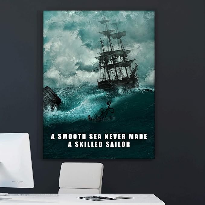 SuccessHunters A Smooth Sea Never Made A Skilled Sailor Wall Art Canvas Print Office Decor Motivational Entrepreneur Quote (18" x 12")
