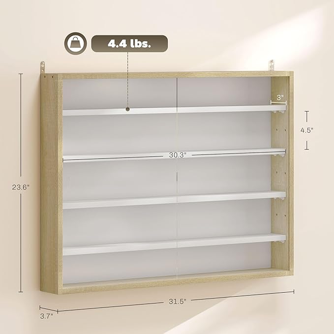 HOMCOM 5-Tier Display Cabinet, Glass Door Cabinet with Adjustable Shelves, Wall-Mounted Display Case for Playroom, Bedroom, Oak and White