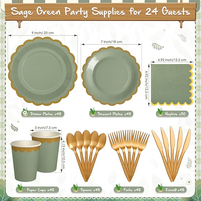 338 Pcs Sage Green Plates and Napkins Party Supplies for Guests Sage Green Tableware Include Scalloped Plates Paper Napkin Cup Spoon Fork Knife for Baby Shower, Wedding, Birthday