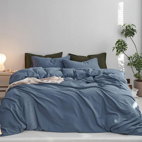 MooMee Super Queen Duvet Cover Set, 100% Washed Cotton Linen Twill Thick Sturdy Material Super Soft Breathable Durable Bedding for All Season, 3 Pieces (Blue, Super Queen 90"x98")
