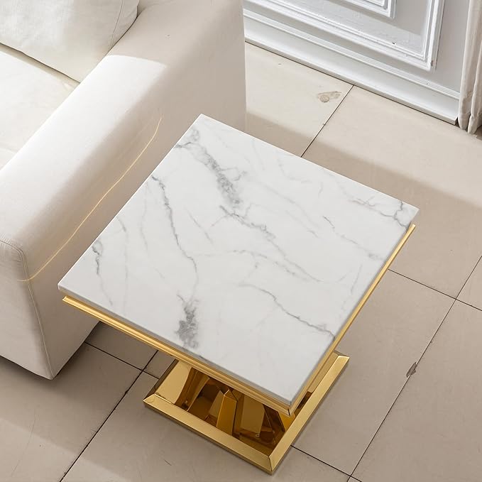 SSLine Modern White Faux Marble End Table Luxury Square Sofa Side Table with Gold Diamond Base Mid-Century Elegant Bedside Table w/Mirrored Stainless Steel Frame for Living Room Bedroom