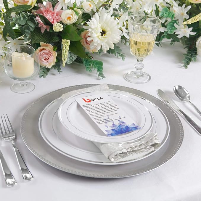 bUCLA 100Pieces Silver Plastic Plates - 10.25inch Silver Rim Disposable Dinner Plates - Ideal for Weddings, Parties&Christmas