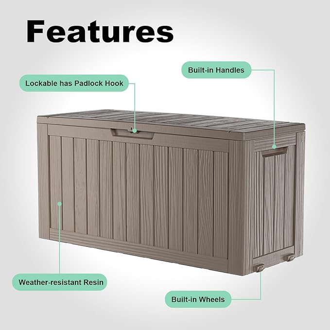 ROJIK Outdoor Storage Housing Deck Box - Waterproof Patio Furniture, Garden Tools, Cushions, Pool Accessories Storage Bench with Lockable Lid and Side Handles (Grey 78 Gal)