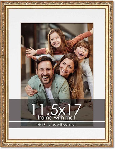 11.5x17 Frame with Mat - Antique Gold 14x19 Frame Wood Made to Display Print or Poster Measuring 11.5 x 17 Inches with White Photo Mat
