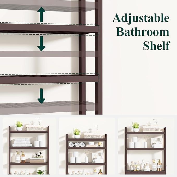 Smiry Over The Toilet Storage Cabinet, 4-Tier Bamboo Bathroom Organizers with Adjustable Shelf & 4 Hooks, Space Saving Shelf Rack for Bathrooms, Laundry Room, Balcony, Brown