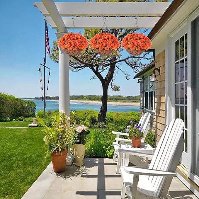 Fall Artificial Flowers with Hanging Basket for Outdoor Indoor, 4 Branches Fake Hydrangea Flowers in Coconut Lining Hanging Basket Home Courtyard Spring Summer Decor(Orange)