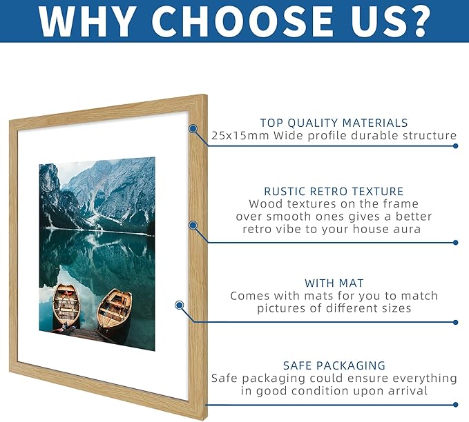 16x20 Frames Set of 2, Natural Oak Wood Style - Display 16 x 20 Picture without Mat or 11x14 Picture with Mat, Wall Mounting Horizontal and Vertical