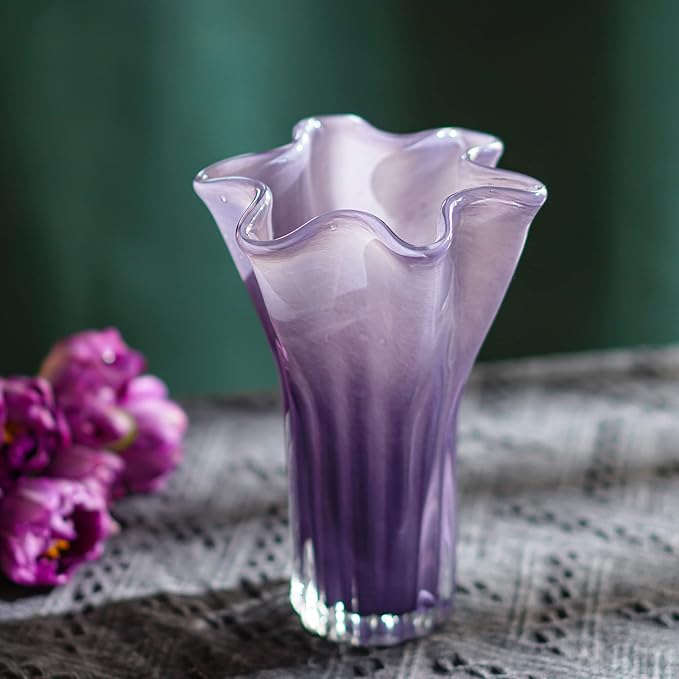 8'' Blown Glass Flower Vase for Home Wedding Modern Centerpieces Decorative (Purple)