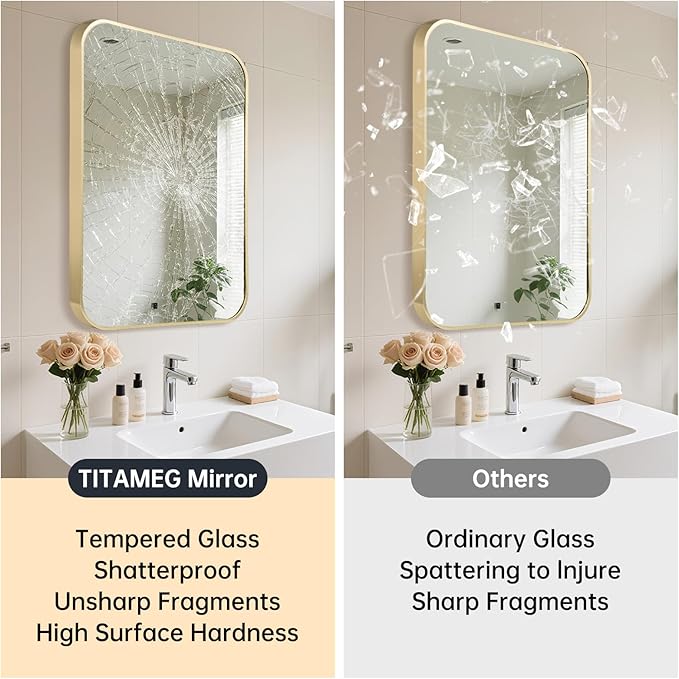 16x24 Inch Bathroom Mirror for Wall,Gold Framed Rectangle Mirror with Rounded Corner,Aluminum Alloy Framed Brushed Wall Mirror for Bedroom or Living Room,Vertical or Horizontal