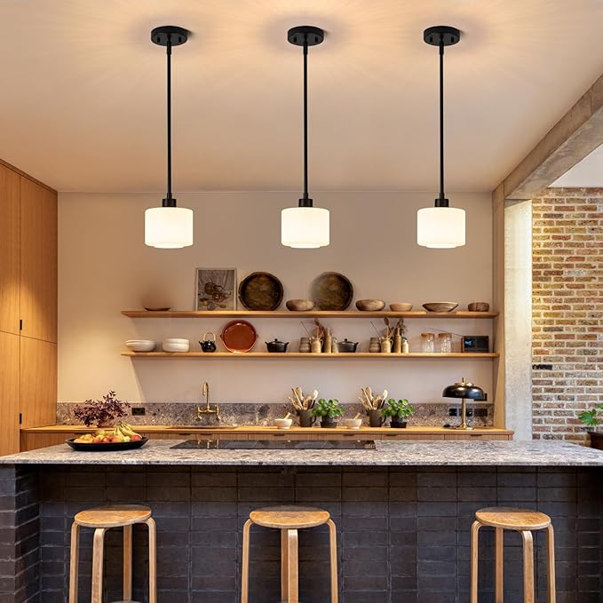 Black Pendant Lights Kitchen Island 2 Pack, Modern Milk Glass Hanging Light Fixtures with Rods, Mini Kitchen Pendant Lighting Over Island for Sink Bathroom, OS-YQ8153-2PBK