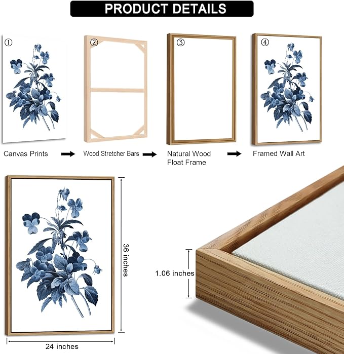 Large Framed Canvas Wall Art - Natural Float Framed Indigo Flowers Picturtes for Living Room Decor Retro Blue Floral Botanical Artwork Plants for Bedroom Kitchen Home Office Decor 72" X 36" Set of 3