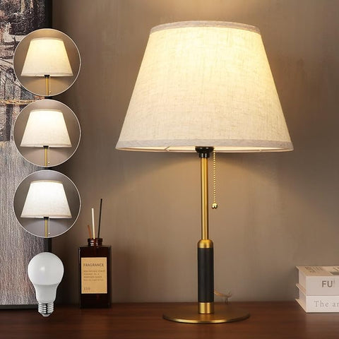 21" Bedside Lamps for Bedroom Living Room Modern Table Lamp Nightstand Lamp for End Tables 3-Color Temperatures Pull Chain Switch Wood Fabric for Home/Office/Desk Decor (Light Brown+Brass)