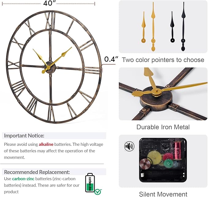 Large Wall Clock for Living Room Decor – 40 Inch Silent Non-Ticking Modern Farmhouse Wall Clock, Oversized Decorative Metal Roman Numeral Clock, Bronze