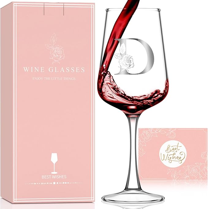Monogrammed Wine Glass Gifts for Women - Personalized A-Z Wine Glasses with Gift Box & Greeting Card | Custom Mothers day, Anniversary, Birthday Gifts for Her, Mom, Wife, Best Friend, Sister,Woman (D)