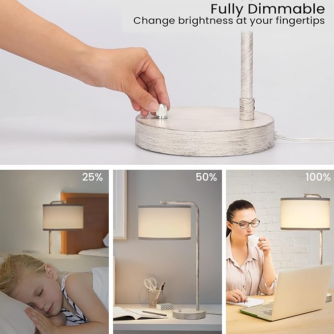 Bedside Table Lamp with USB C+A Charging Ports, Fully Stepless Dimmable Modern Farmhouse Nightstand Lamp, Tall Reading Desk Lamp for Bedroom, Living Room, Office, 9W LED Bulb Included