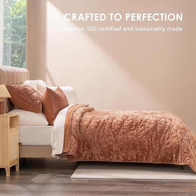 EVERGRACE Luxury Velvet Quilt Queen Size, Ultra Soft Wave Crushed Velvet Bedding Set, Lightweight Quilted Comforter Set for All Season, Oversized Bedspread Coverlet with 2 Shams, Burnt Orange