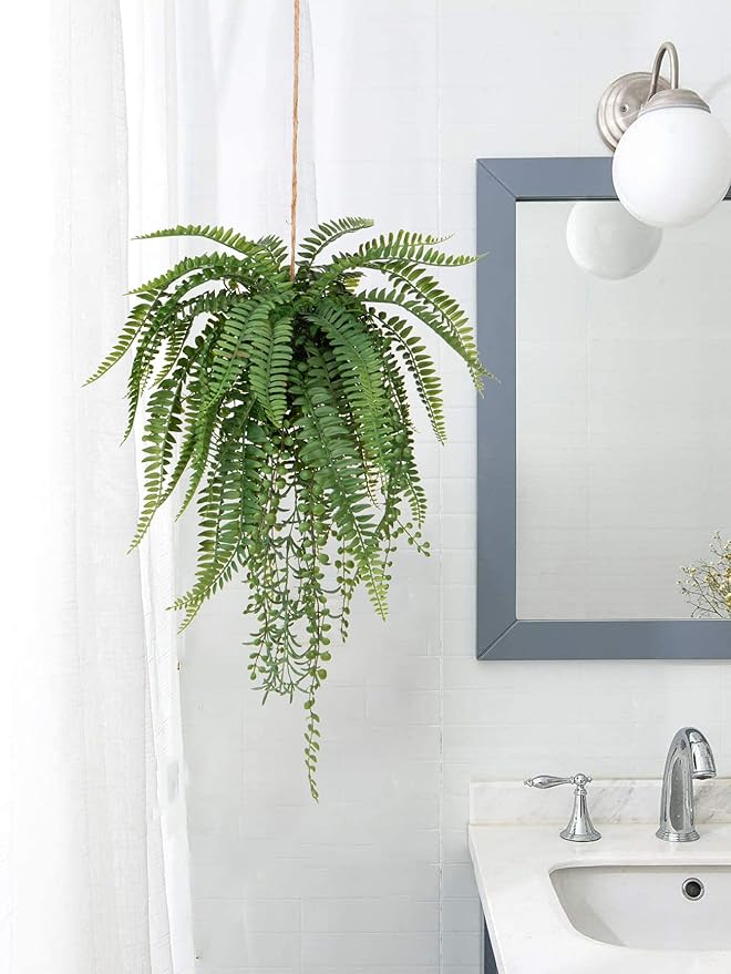 Large Mixed Fern Faux Hanging Plants, Realistic Artificial Plants with Hemp Rope Moss, Indoor for Home Bedroom Bathroom Porch Window Sill Decor, 25.6 Inches Tall, 1 Count