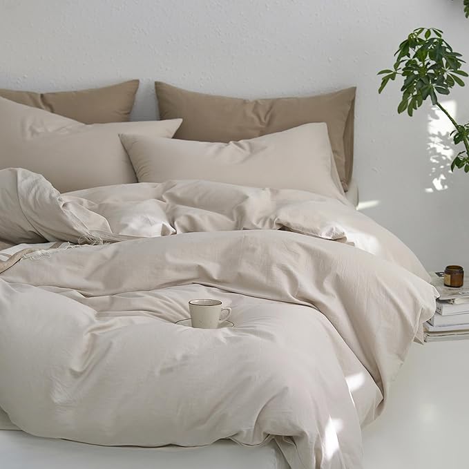 MooMee Super Queen Duvet Cover Set, 100% Washed Cotton Linen Like Twill Thick Sturdy Material Super Soft Breathable Durable Bedding for All Season, 3 Pieces (Cream Grey, Super Queen 90"x98")