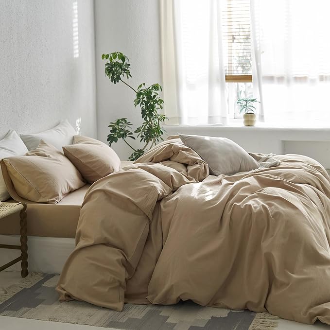 MooMee Queen Duvet Cover Set, 100% Washed Cotton Linen Like Twill Thick Sturdy Material Super Soft Breathable Durable Bedding for All Season, 3 Pieces (Camel, Queen 90"x90")