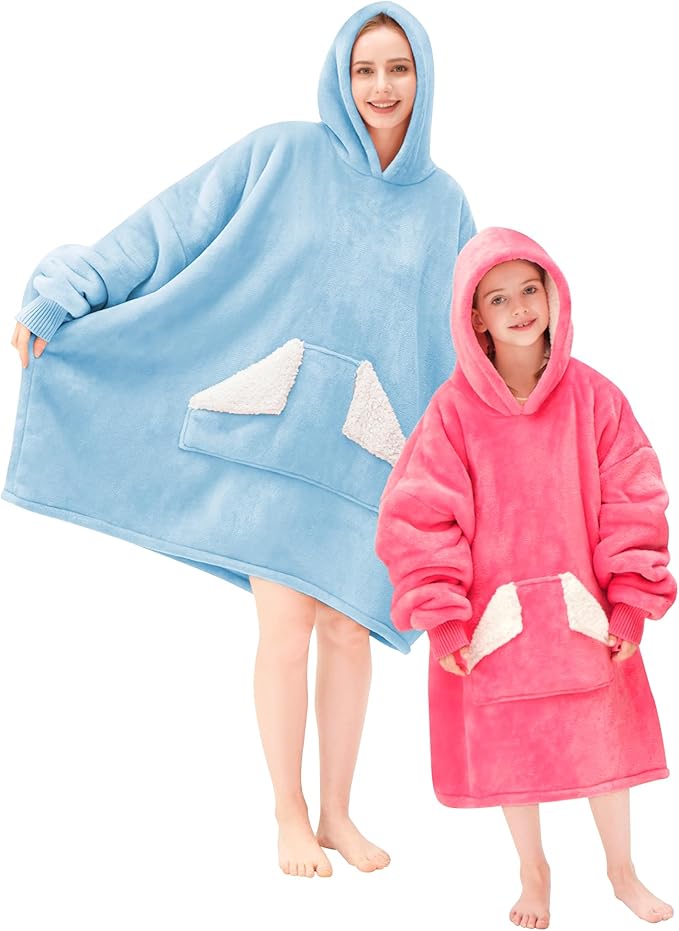 Touchat Wearable Blanket Hoodie, Oversized Sherpa Blanket Sweatshirt with Hood Pocket and Sleeves, Gifts Hooded Blanket for Adult Women Men (DustyBlue)