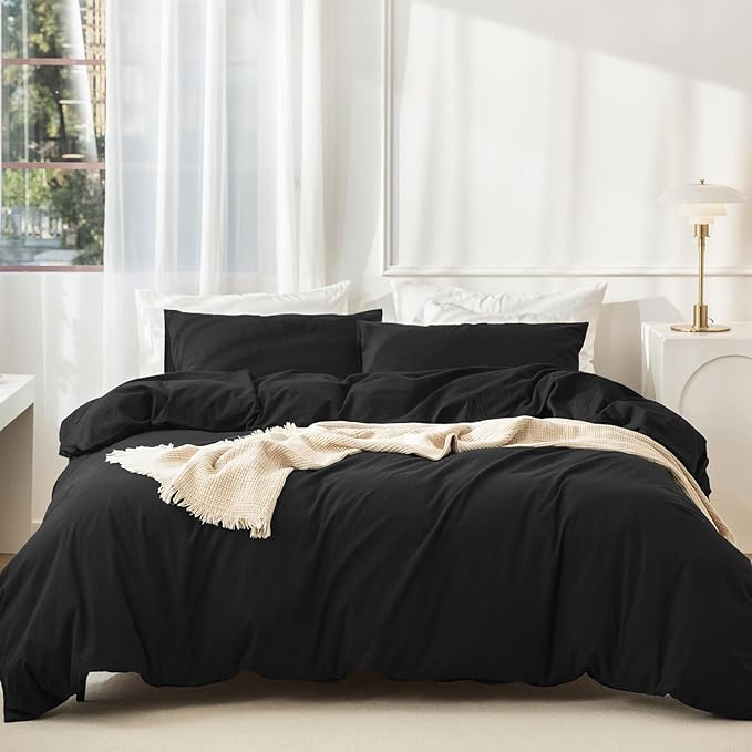 JIYUAN 100% Washed Cotton Duvet Cover Set 3 Pieces Full, 1 Duvet Cover 80x90 Inches(Comforter Not Included) and 2 Pillowcases,Linen Feel Bedding Set Comfy and Breathable,Black