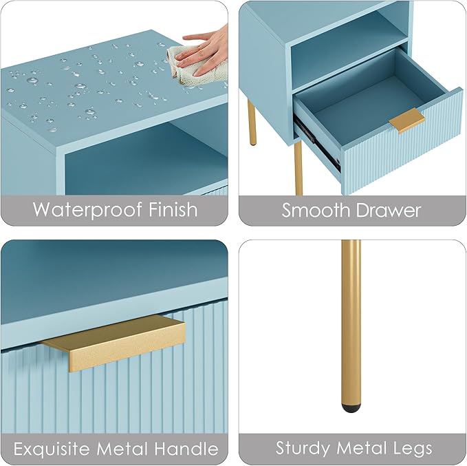 Nightstand,Morden Bedside Table with Gold Frame,Small White Night Stand,End Table,Bedside Furniture,Side Table with Drawer and Shelf for Bedroom,Living Room (1Drawer, Blue)