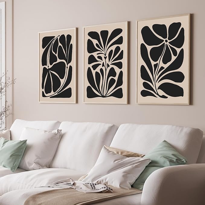 VIYYIEA Large Framed Canvas Wall Art, 24x36in Set of 3, Black White Abstract Floral Art Painting for Living Room Bedroom Office, Above of Bed Modern Minimalist Decor, Big Oversized Vertical Artwork