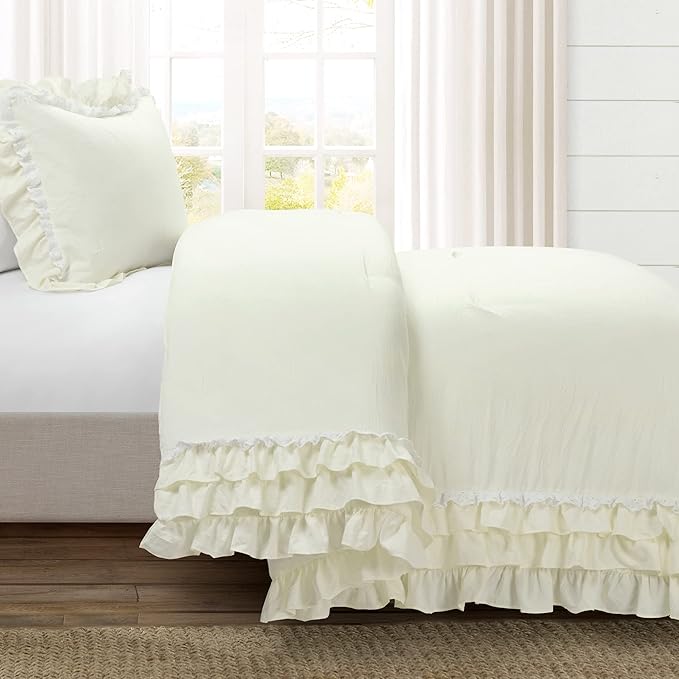 Lush Decor Ella Ruffle Lace Comforter, 2 Piece Set, Twin, Ivory - Cute Comforter - Twin Bedding Set - White Bedding - Coquette Decor - White Lace Trim - Ruffle Trim