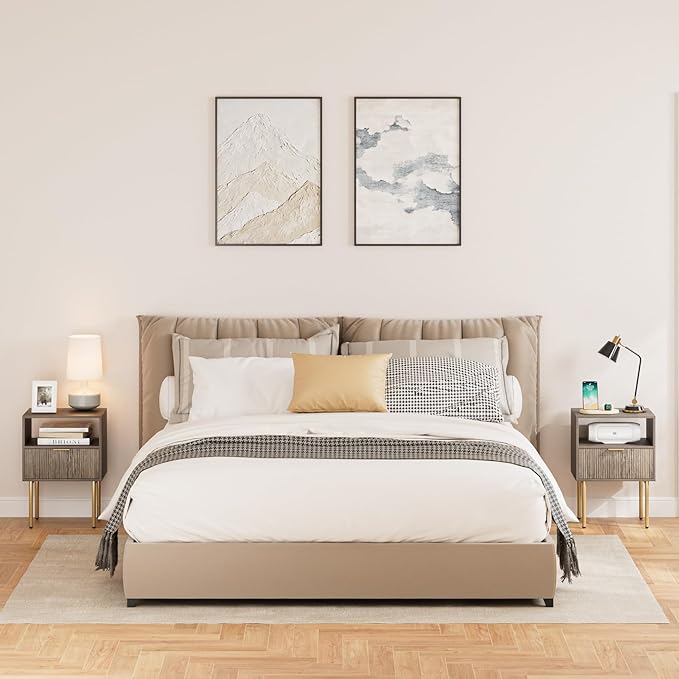 Nightstand,Morden Bedside Table with Gold Frame,Small White Night Stand,End Table,Bedside Furniture,Side Table with Drawer and Shelf for Bedroom,Living Room (1Drawer, Grey)